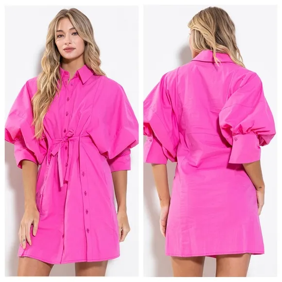 01 Button Detailed Balloon Sleeve Mini Dress