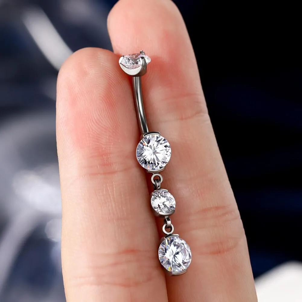 14G 10-16mm Titanium Internally Threaded Dangle CZ Gems Belly Button Ring