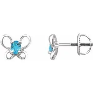 14K White 4x3 mm Oval March Youth Butterfly Birthstone Earrings
