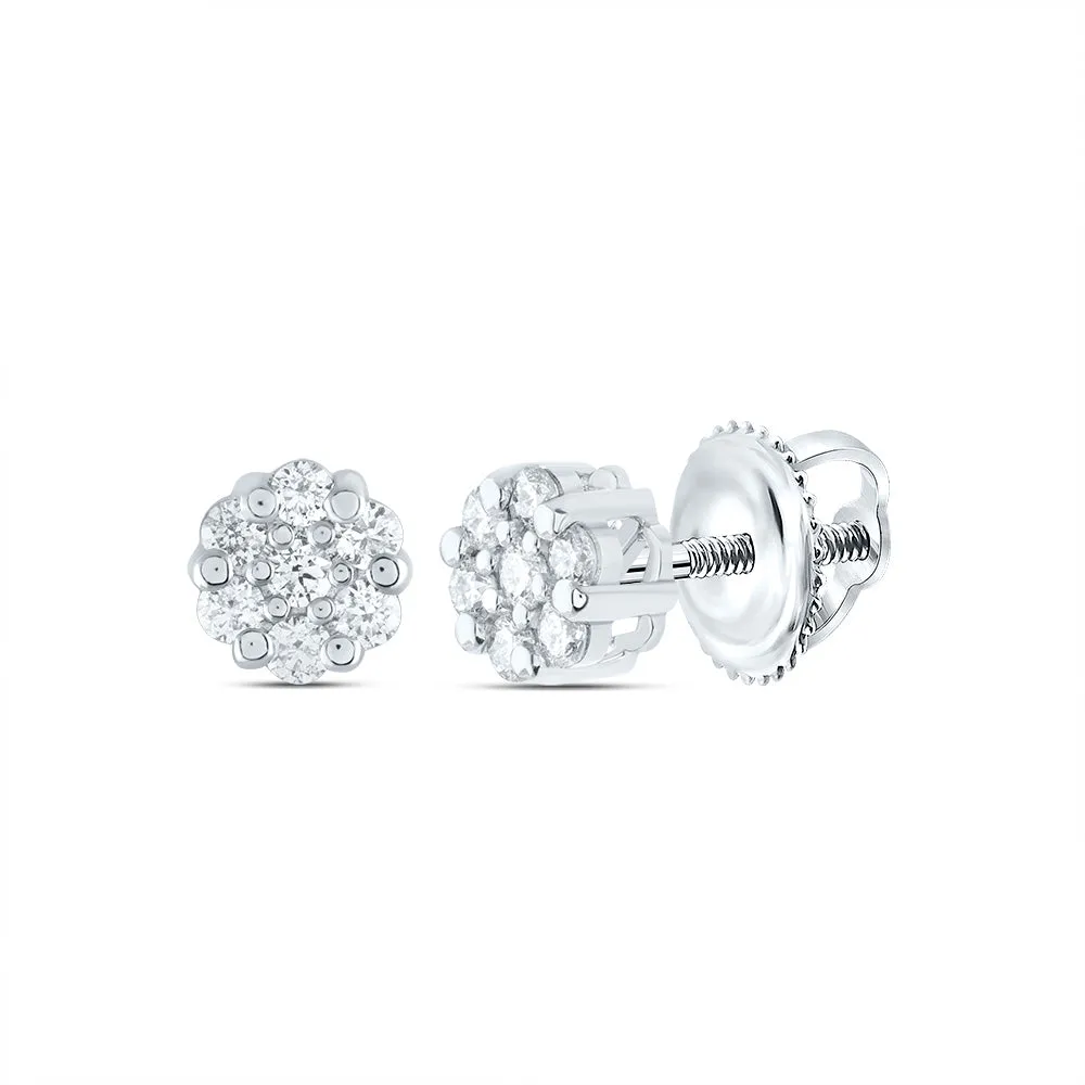 14kt White Gold Womens Round Diamond Flower Cluster Earrings 1/4 Cttw