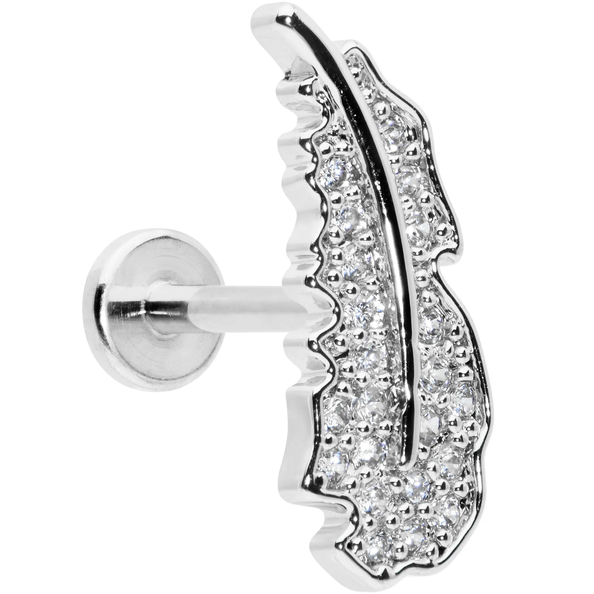 16 Gauge 5/16 Clear CZ Gem Feather Internally Threaded Labret Tragus