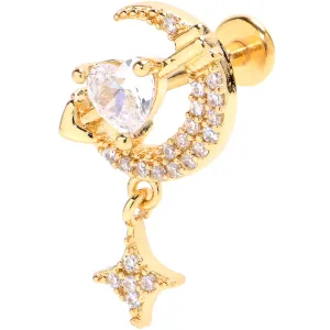 16 Gauge 5/16 Clear CZ Gem Gold Hue Internally Threaded Moon Lover Labret