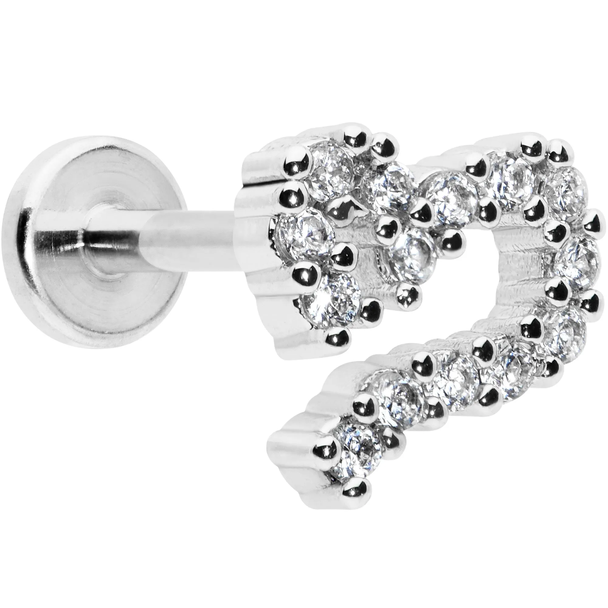 16 Gauge 5/16 Clear CZ Gem Half Heart Internal Thread Labret Tragus