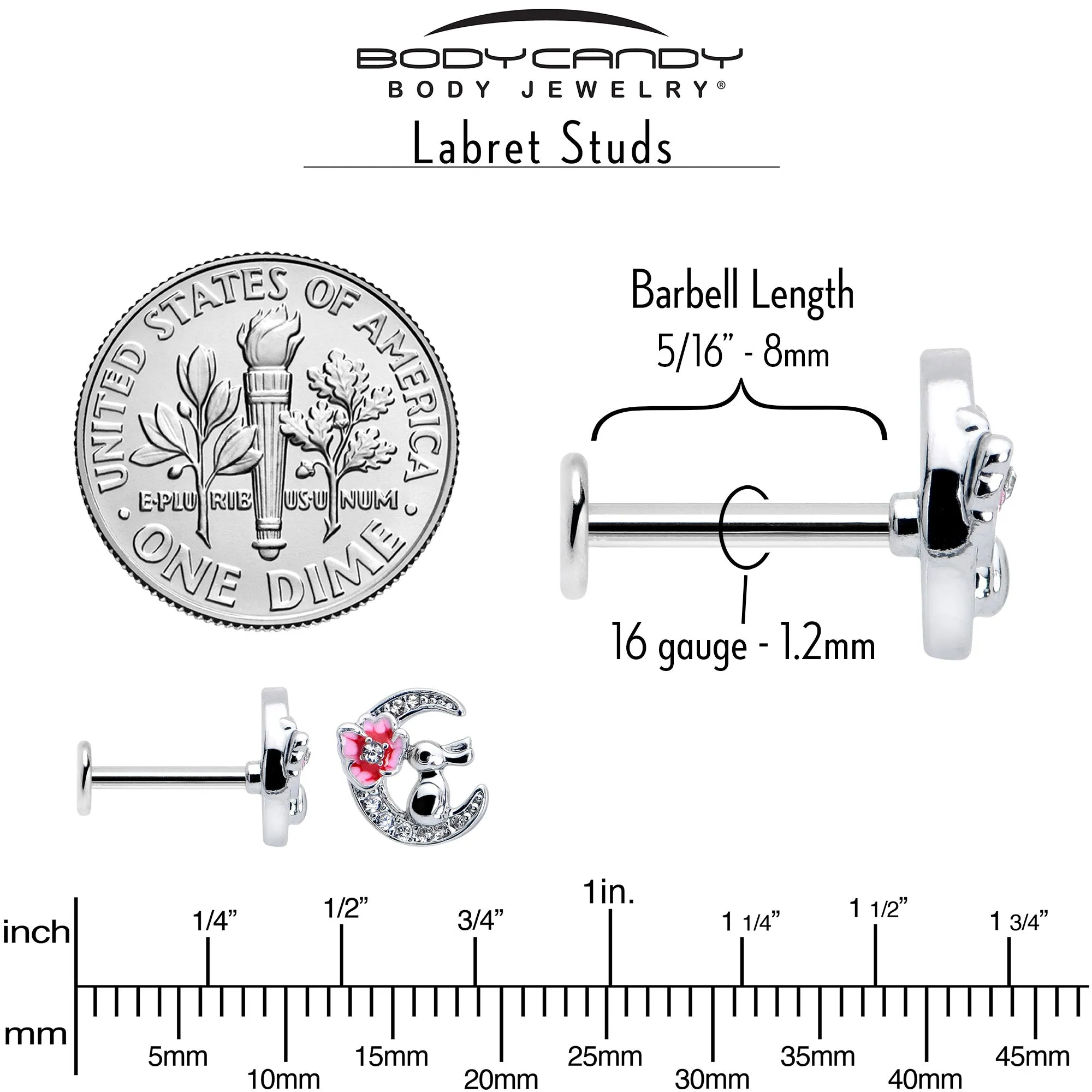 16 Gauge 5/16 Clear CZ Gem Rabbit Moon Pink Internally Threaded Labret
