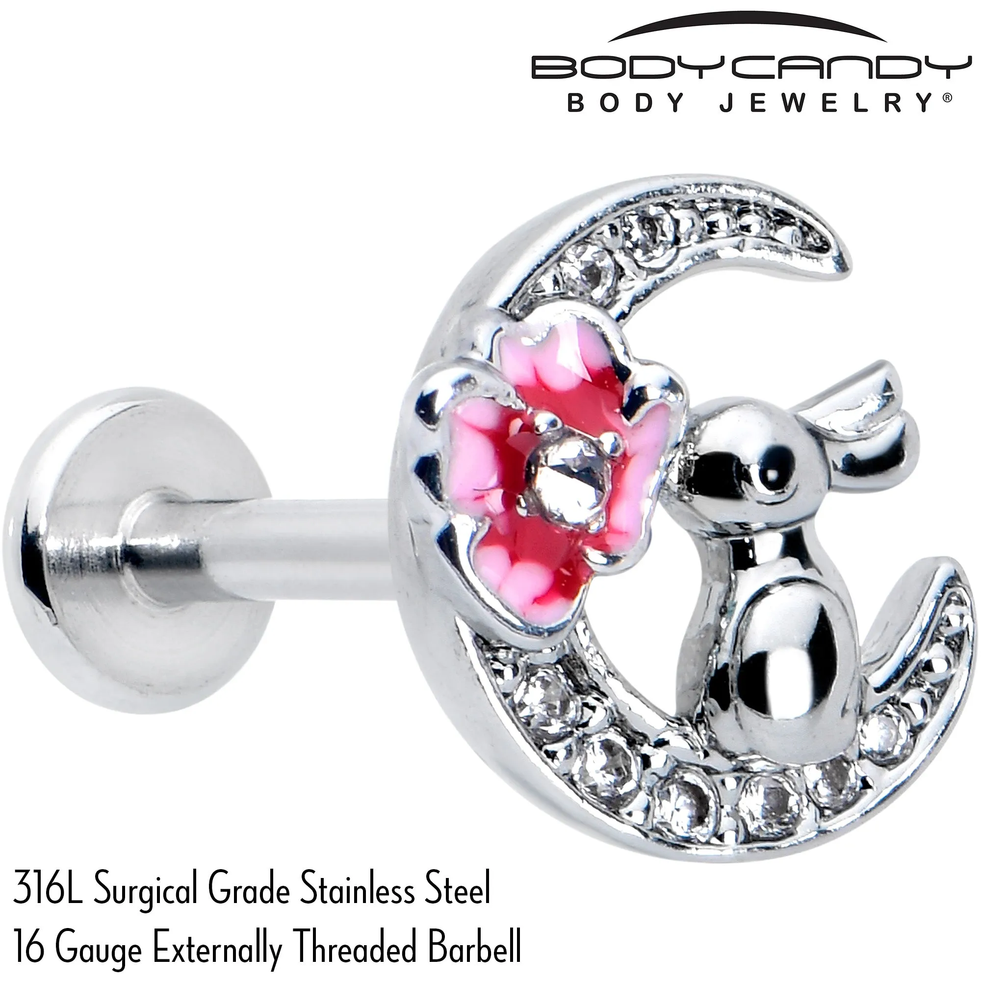 16 Gauge 5/16 Clear CZ Gem Rabbit Moon Pink Internally Threaded Labret