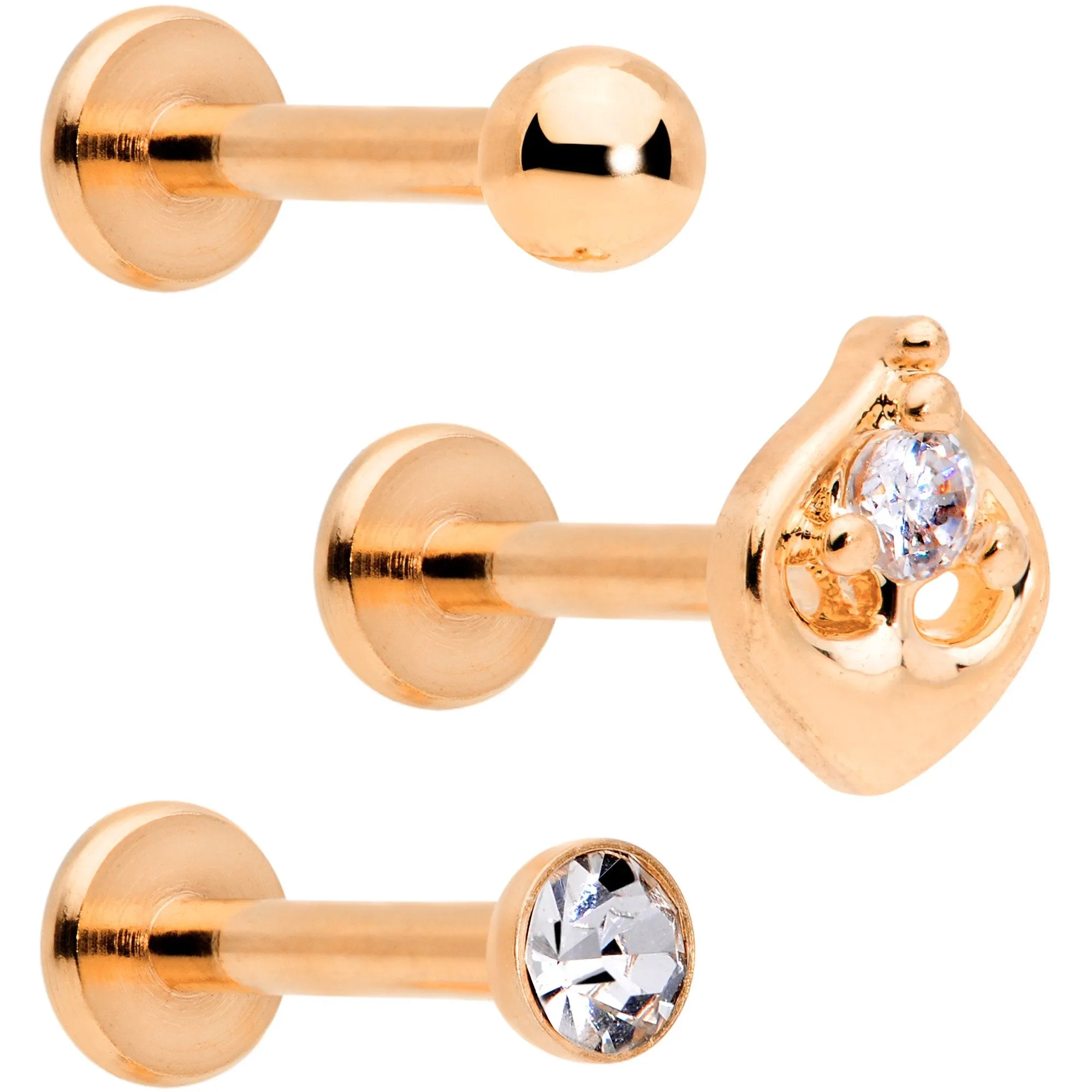 16 Gauge 5/16 Clear Gem Rose Gold Tone Internally Threaded Labret Set