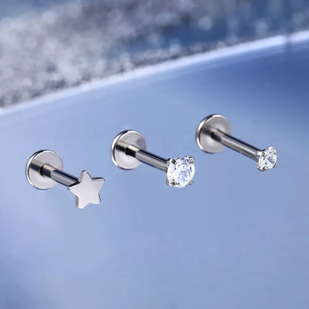 16G 3PCS Titanium Internally Threaded Star/CZ Gems Labret Cartilage Studs