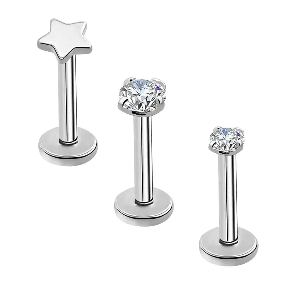 16G 3PCS Titanium Internally Threaded Star/CZ Gems Labret Cartilage Studs