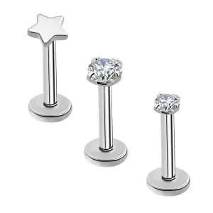 16G 3PCS Titanium Internally Threaded Star/CZ Gems Labret Cartilage Studs