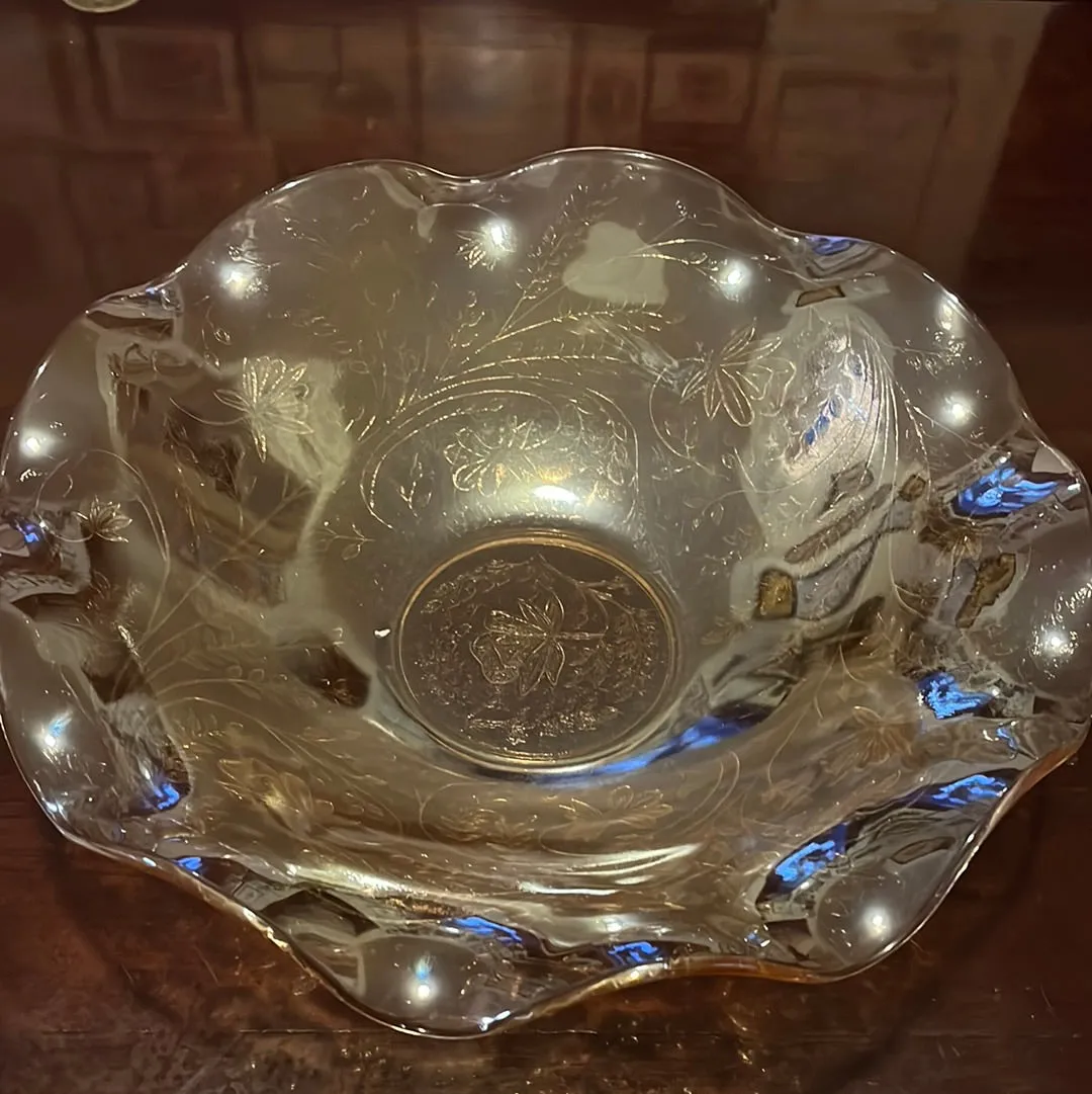 1940's Embossed Carnival Glass Ribbon Bowl