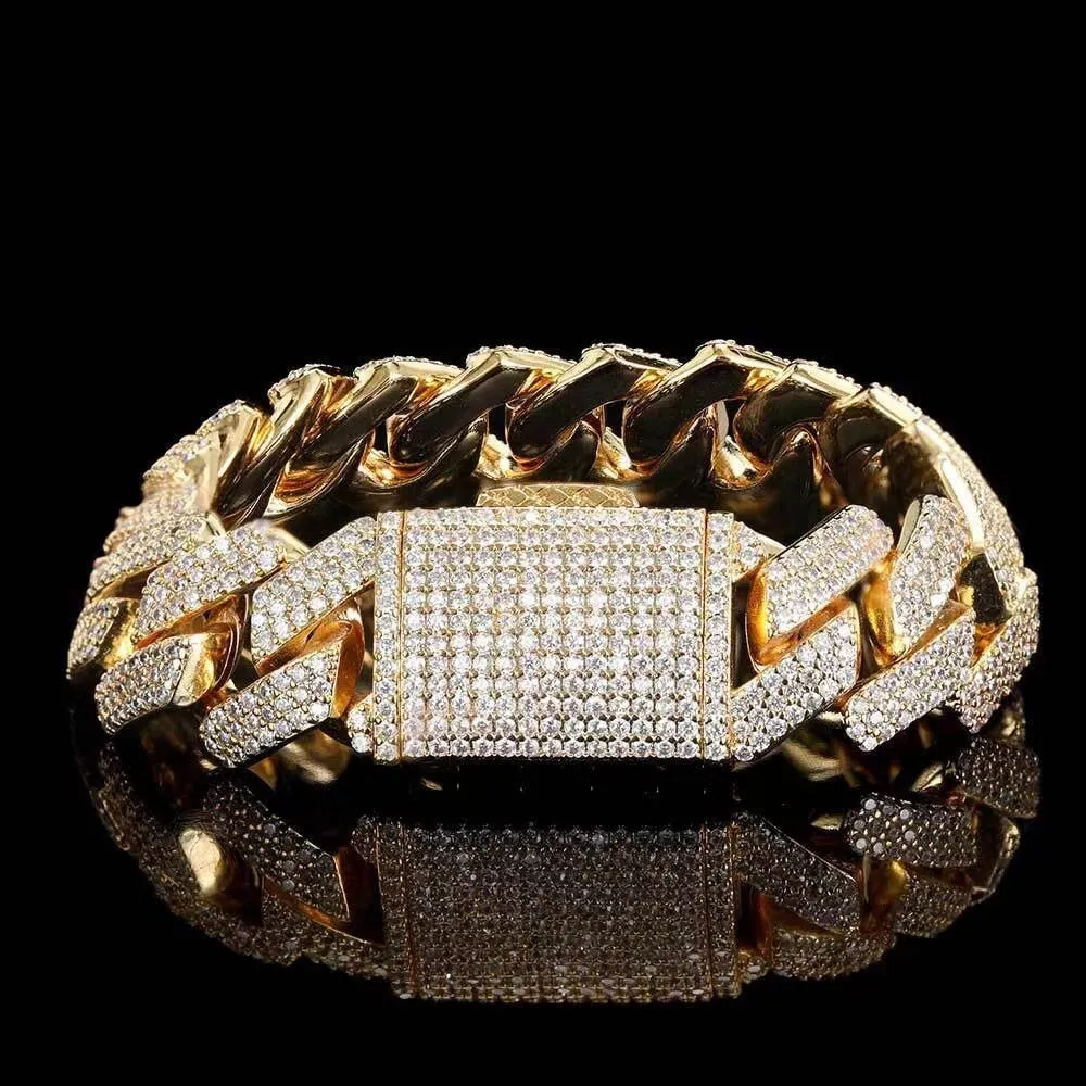 20mm Iced Out 3 Row Diamond Prong Cuban Link Bracelet in 14K Gold