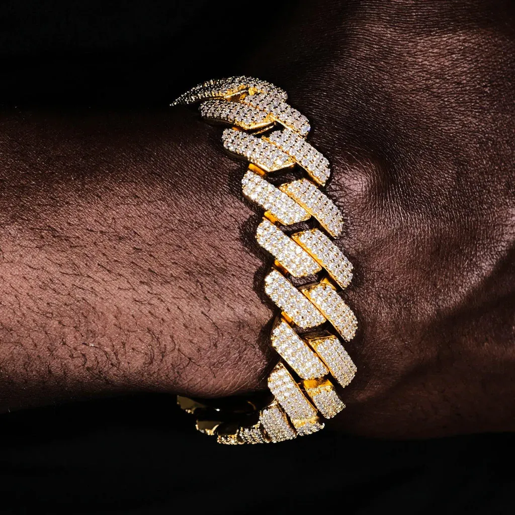 20mm Iced Out 3 Row Diamond Prong Cuban Link Bracelet in 14K Gold