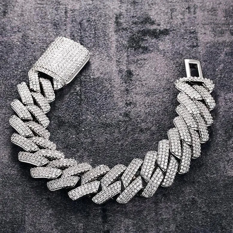20mm Iced Out 3 Row Diamond Prong Cuban Link Bracelet in White Gold