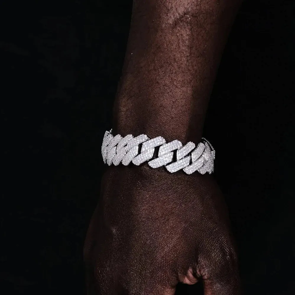 20mm Iced Out 3 Row Diamond Prong Cuban Link Bracelet in White Gold
