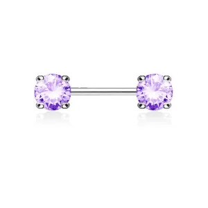 316L Surgical Steel Prong Double Round Purple CZ Nipple Ring Barbell