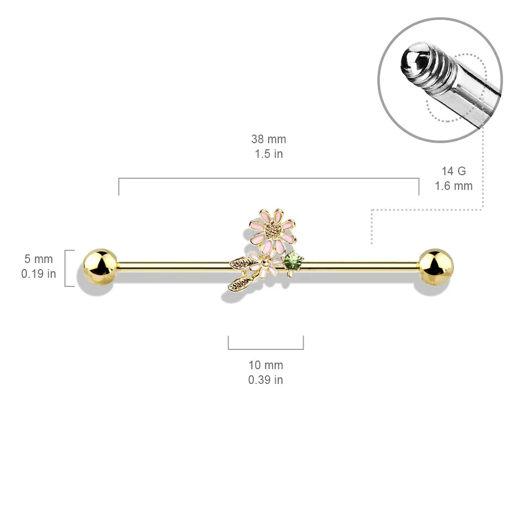 316L Surgical Steel Rose Gold PVD Green CZ Gem With Flowers Industrial Barbell