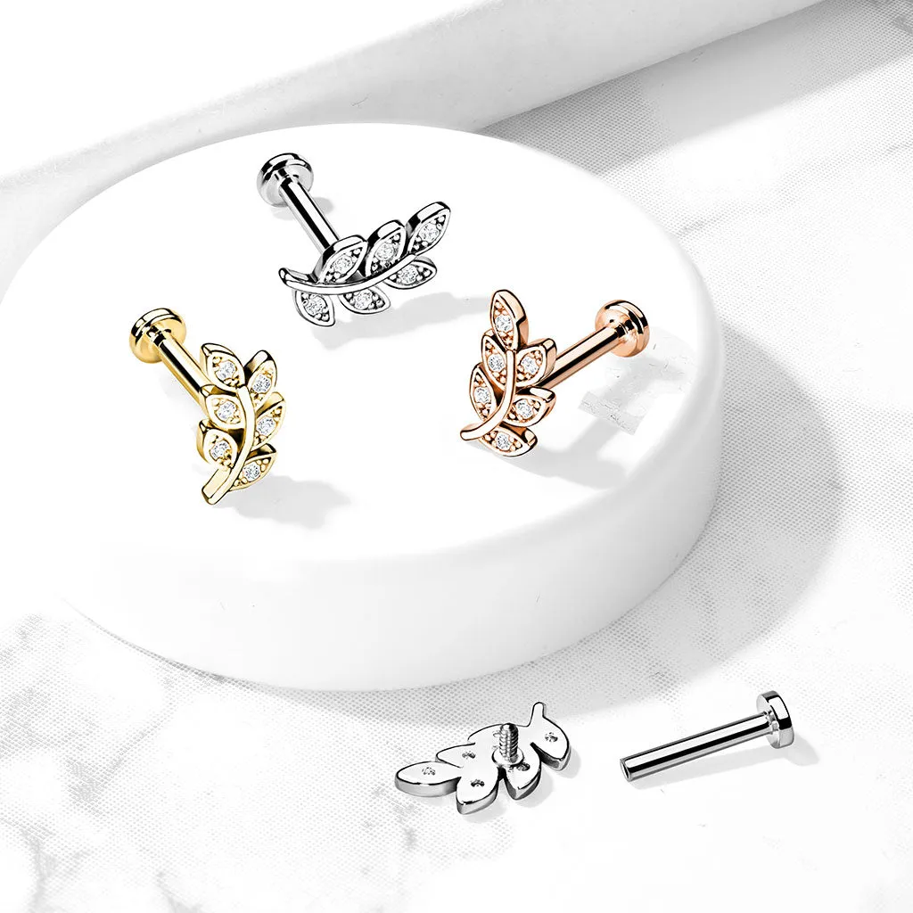 316L Surgical Steel Rose Gold PVD White CZ Leaf Flat Back Labret