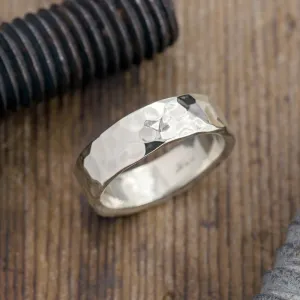 6mm Comfort Fit, 14K White Gold Mens Ring, Hammered Polished