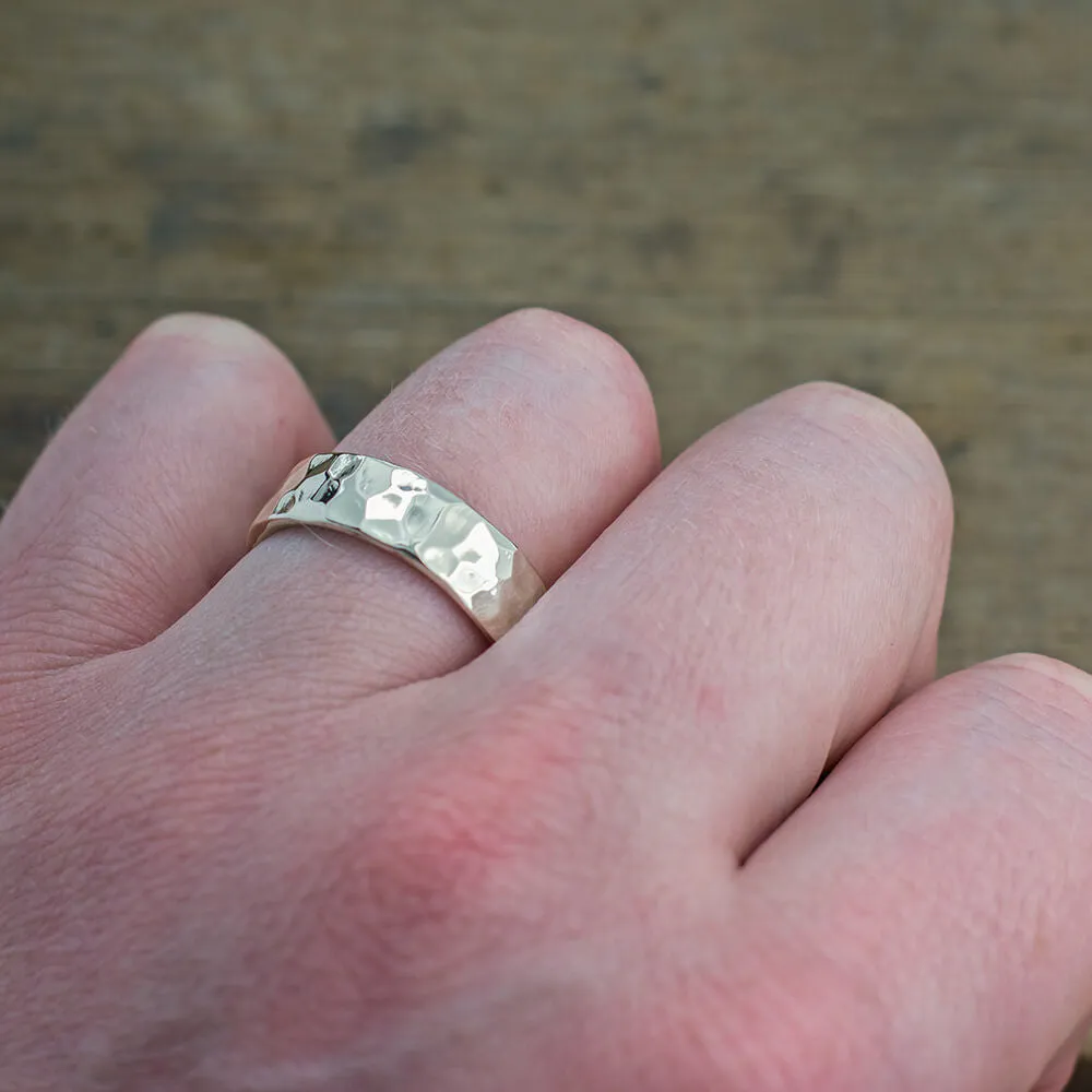 6mm Comfort Fit, 14K White Gold Mens Ring, Hammered Polished