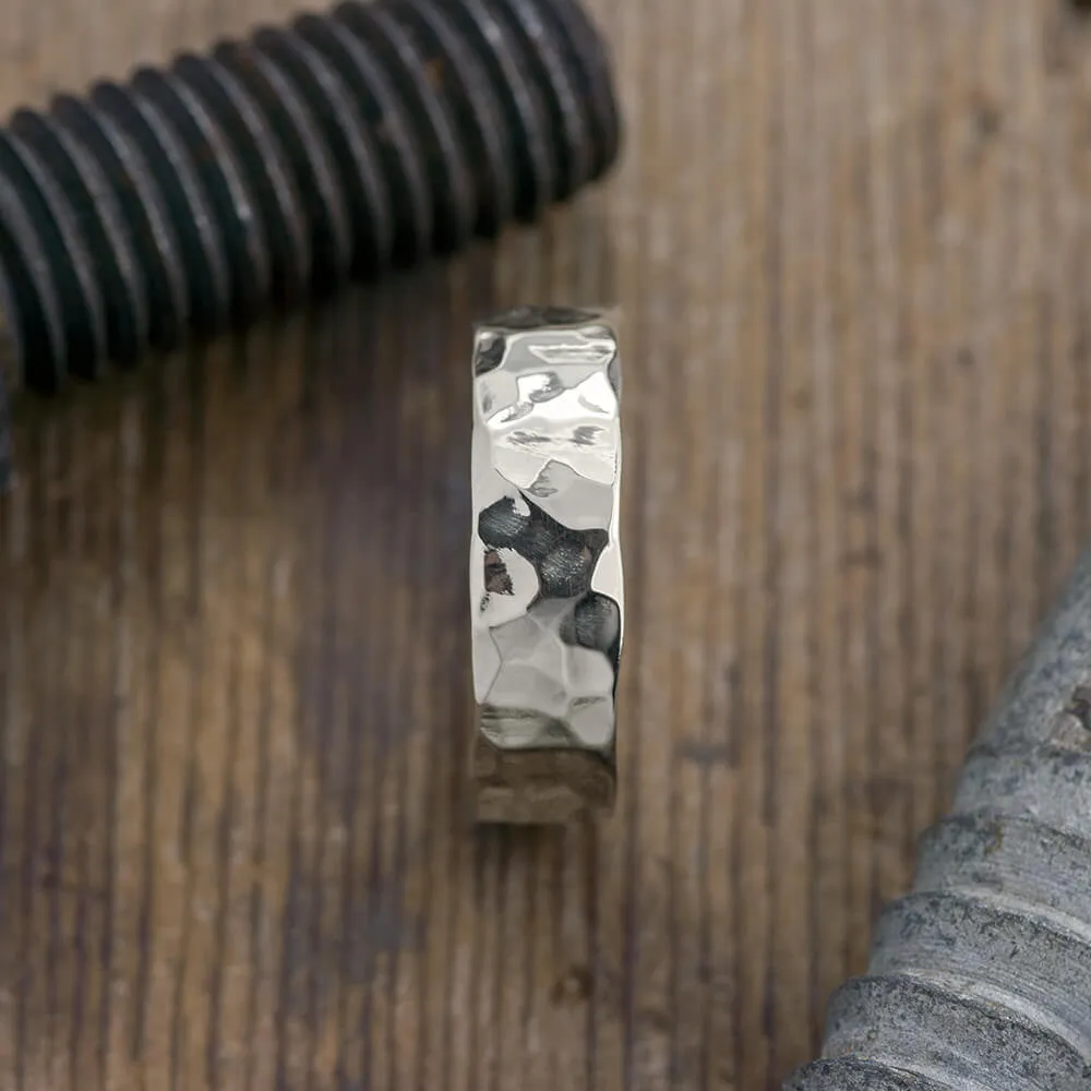 6mm Comfort Fit, 14K White Gold Mens Ring, Hammered Polished