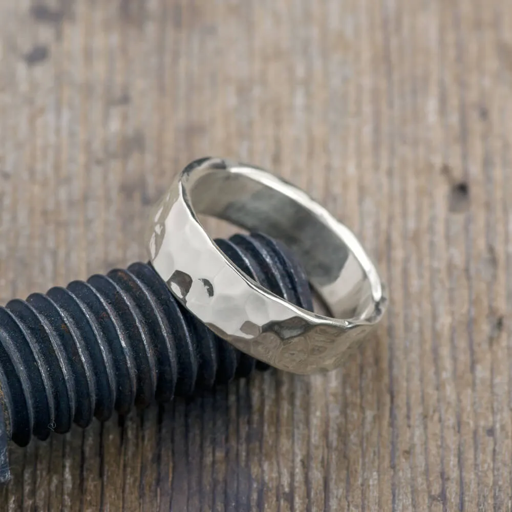 6mm Comfort Fit, 14K White Gold Mens Ring, Hammered Polished