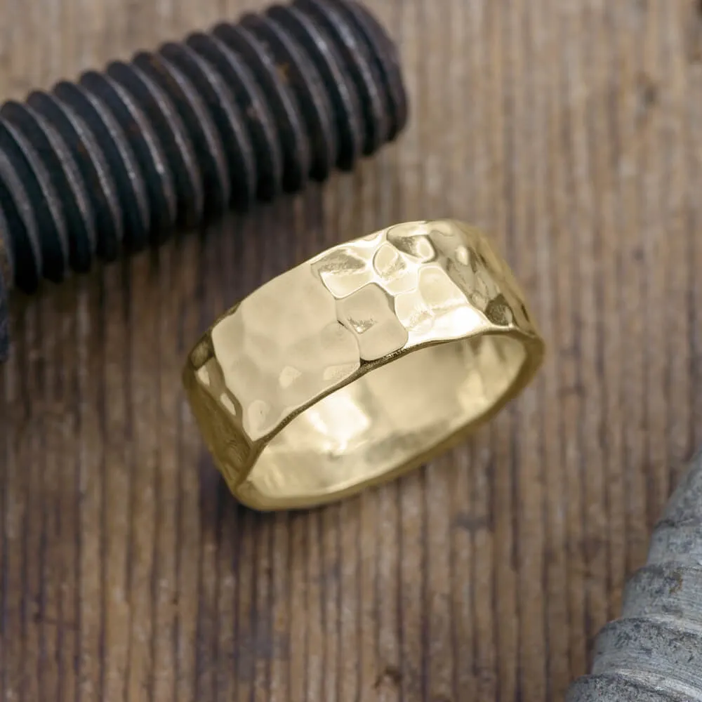 8mm, Comfort Fit, 14k Yellow Gold Hammered Mens Wedding Band, High Polish