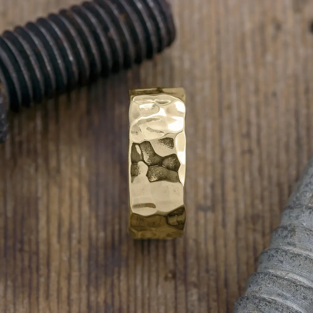 8mm, Comfort Fit, 14k Yellow Gold Hammered Mens Wedding Band, High Polish