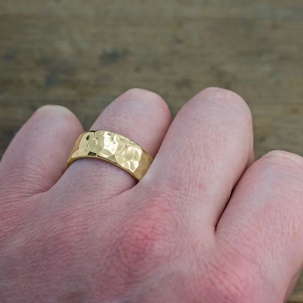 8mm, Comfort Fit, 14k Yellow Gold Hammered Mens Wedding Band, High Polish