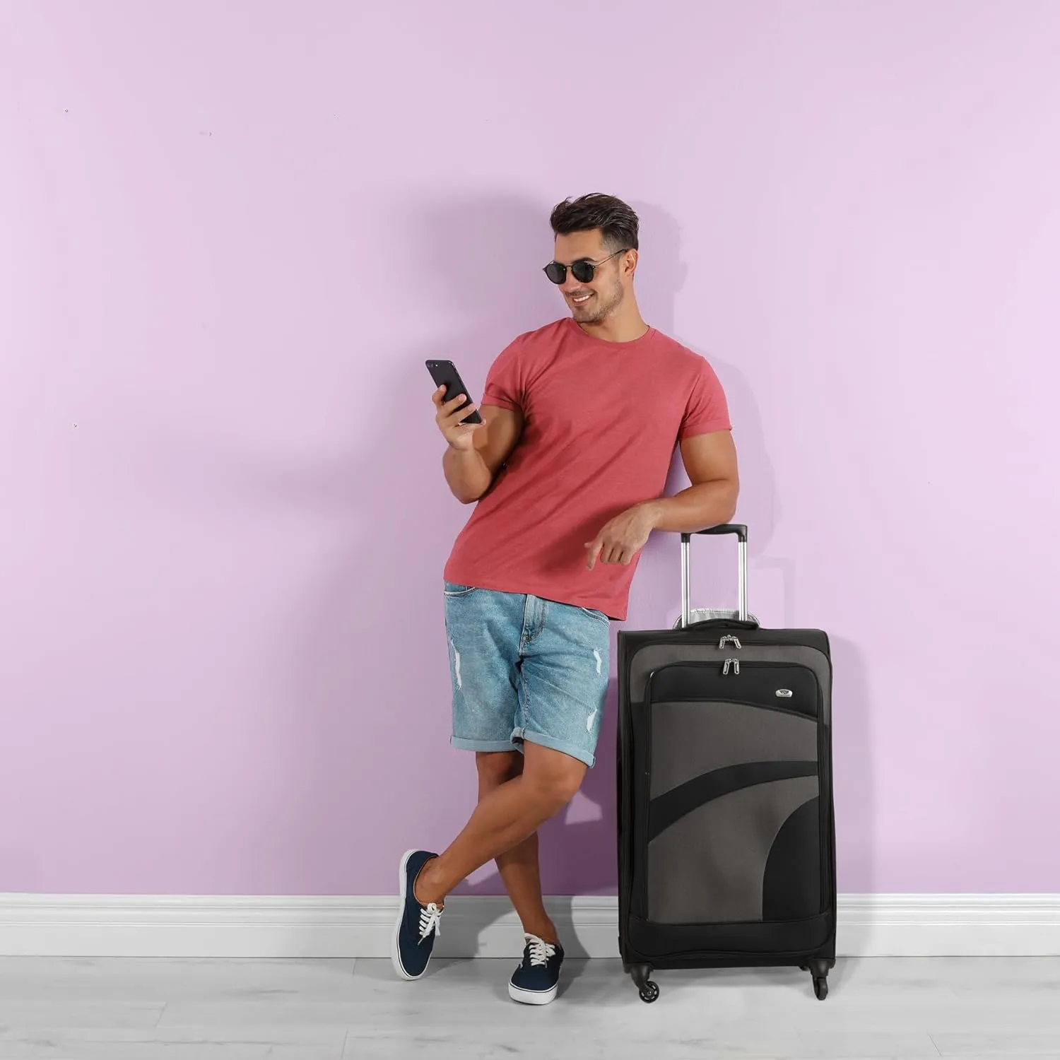 Aerolite Lightweight 55cm 4 Wheel Travel Carry On Hand Cabin Luggage Suitcase Navy Blue Plum Approved for easyJet British Airways Ryanair and More