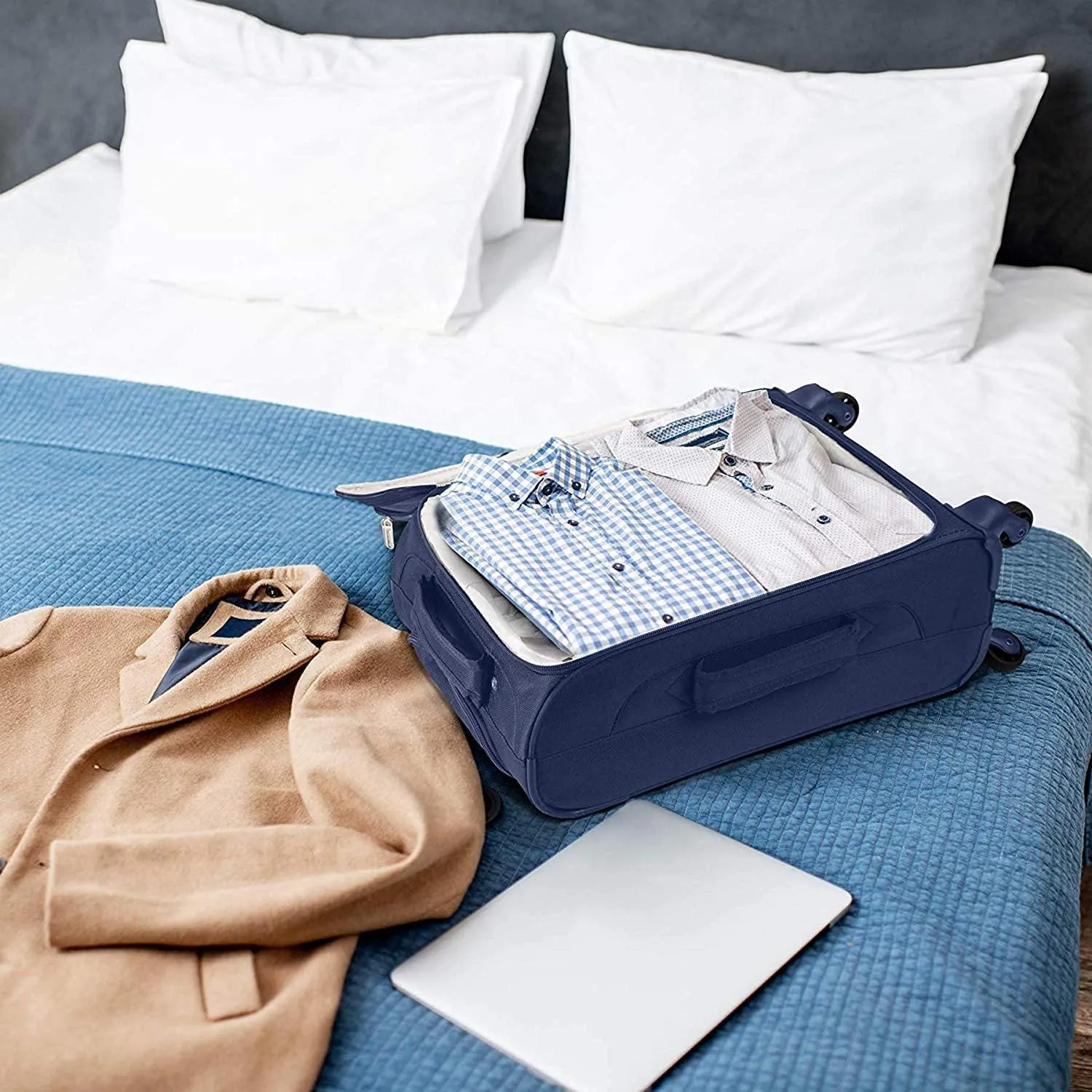 Aerolite Lightweight 55cm 4 Wheel Travel Carry On Hand Cabin Luggage Suitcase Navy Blue Plum Approved for easyJet British Airways Ryanair and More