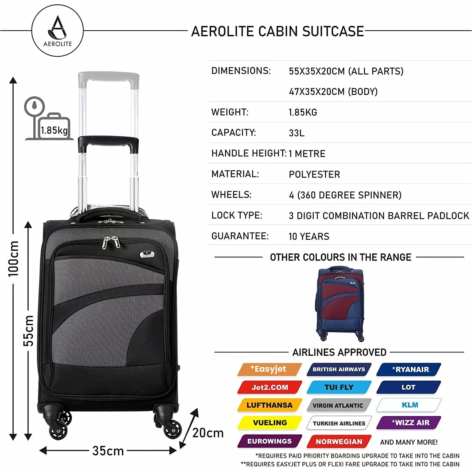Aerolite Lightweight 55cm 4 Wheel Travel Carry On Hand Cabin Luggage Suitcase Navy Blue Plum Approved for easyJet British Airways Ryanair and More