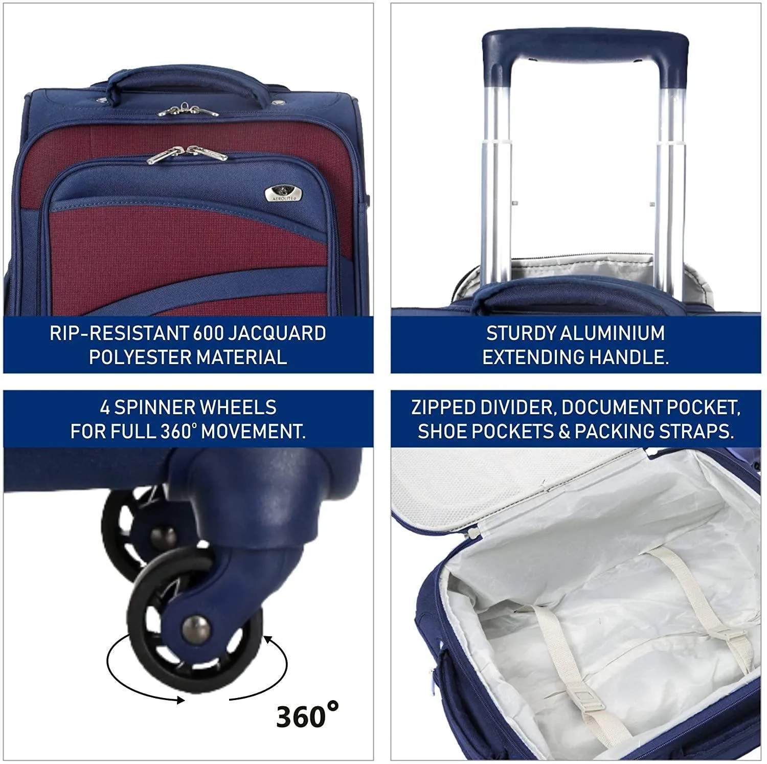 Aerolite Lightweight 55cm 4 Wheel Travel Carry On Hand Cabin Luggage Suitcase Navy Blue Plum Approved for easyJet British Airways Ryanair and More
