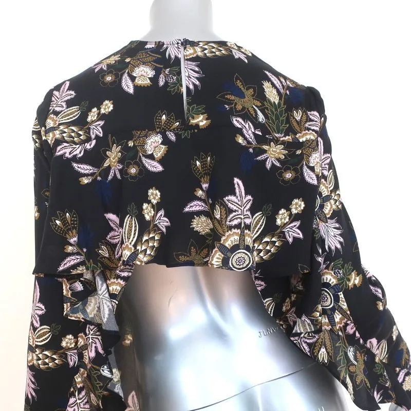 A.L.C. Open Back Blouse Cooper Black Floral Print Silk Size 4 Long Sleeve Top