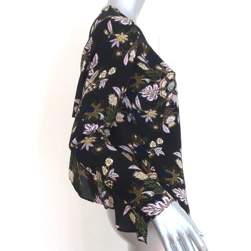 A.L.C. Open Back Blouse Cooper Black Floral Print Silk Size 4 Long Sleeve Top