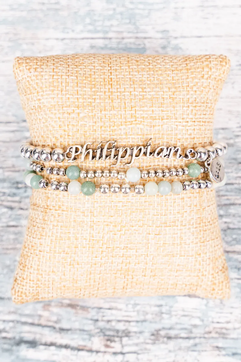 Amazonite Worn Silvertone Phillipians 4:13 Beaded Bracelet Set