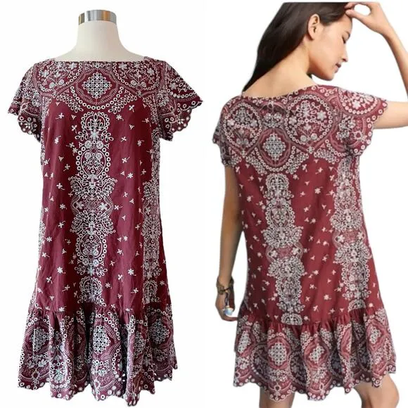 ANTHROPOLOGIE FEATHER BONE Ynez Maroon Dress Flounced Embroidered Eyelet Blue