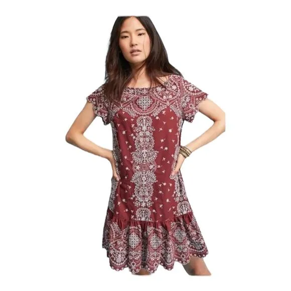ANTHROPOLOGIE FEATHER BONE Ynez Maroon Dress Flounced Embroidered Eyelet Blue