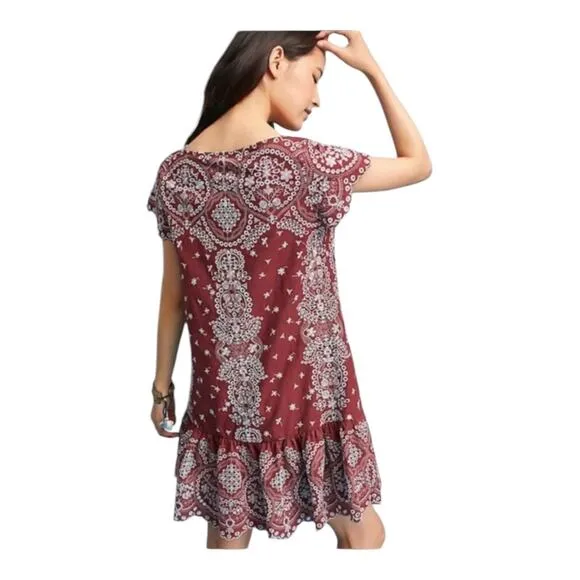 ANTHROPOLOGIE FEATHER BONE Ynez Maroon Dress Flounced Embroidered Eyelet Blue