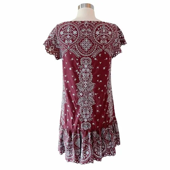 ANTHROPOLOGIE FEATHER BONE Ynez Maroon Dress Flounced Embroidered Eyelet Blue