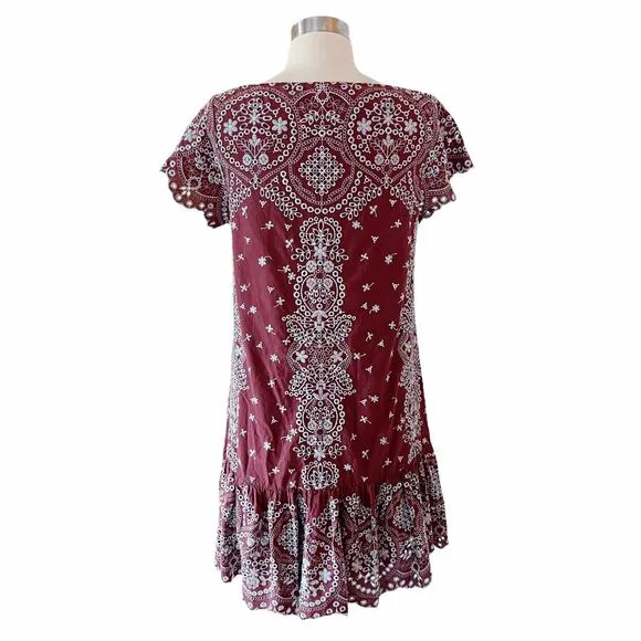 ANTHROPOLOGIE FEATHER BONE Ynez Maroon Dress Flounced Embroidered Eyelet Blue