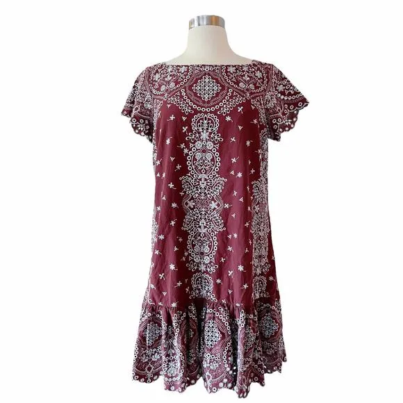 ANTHROPOLOGIE FEATHER BONE Ynez Maroon Dress Flounced Embroidered Eyelet Blue