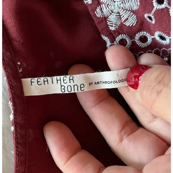 ANTHROPOLOGIE FEATHER BONE Ynez Maroon Dress Flounced Embroidered Eyelet Blue