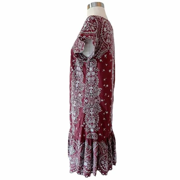 ANTHROPOLOGIE FEATHER BONE Ynez Maroon Dress Flounced Embroidered Eyelet Blue