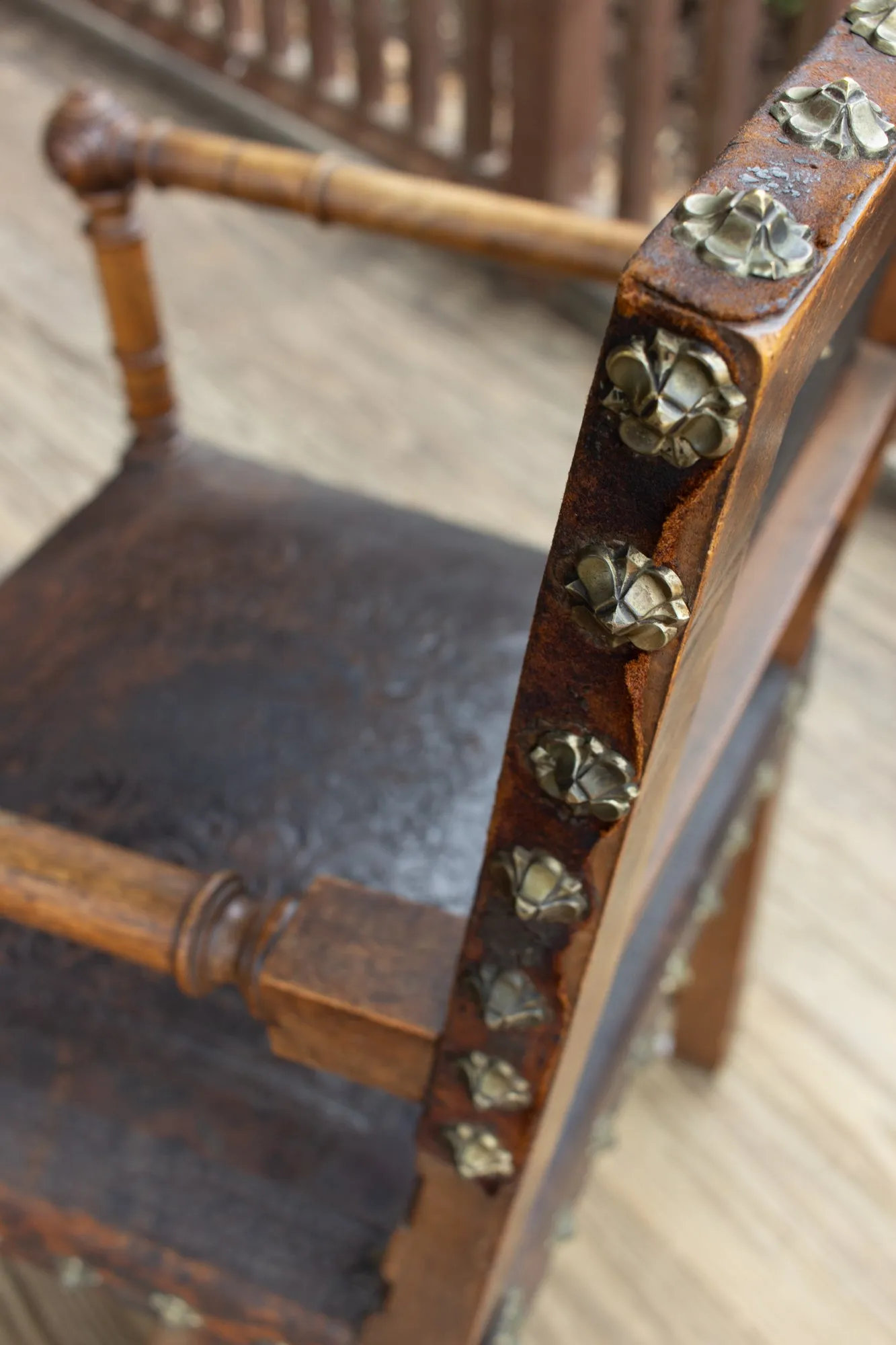 Antique Embossed Italian Leather & Wood Armchair with Studded Brass Detail