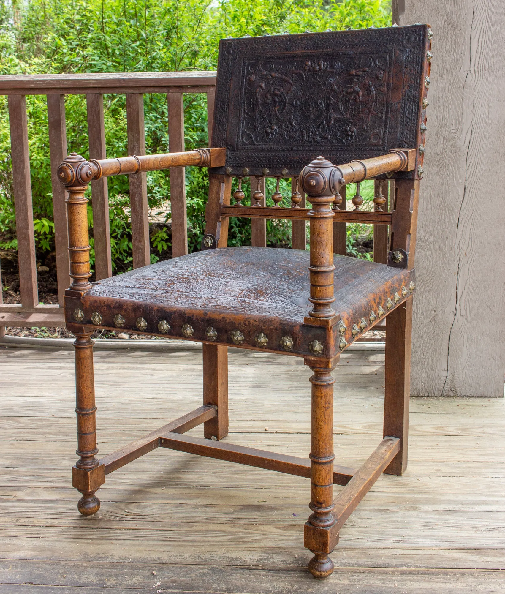 Antique Embossed Italian Leather & Wood Armchair with Studded Brass Detail