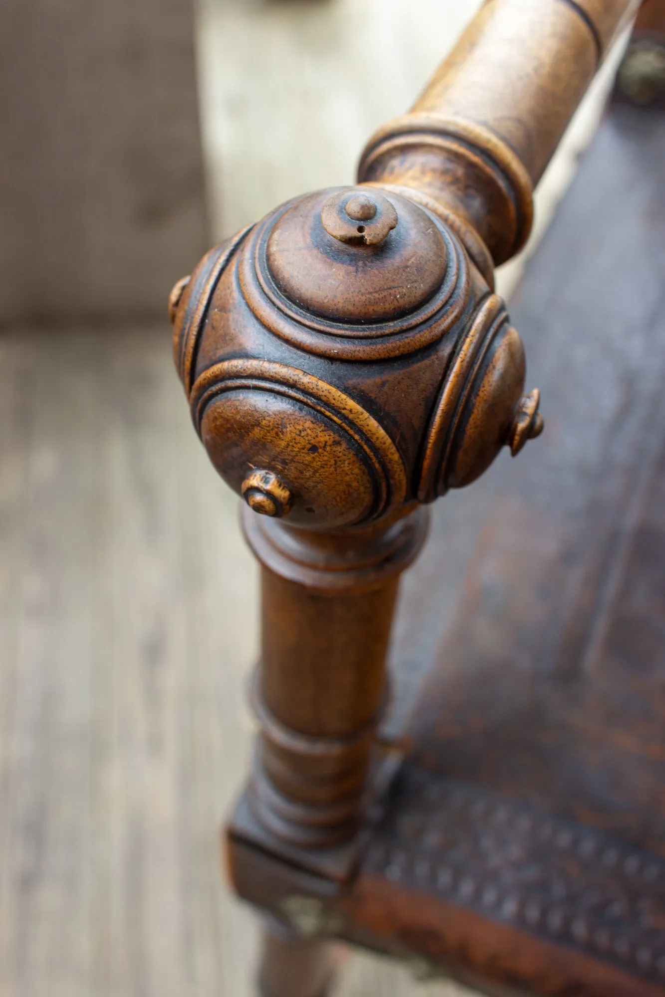 Antique Embossed Italian Leather & Wood Armchair with Studded Brass Detail