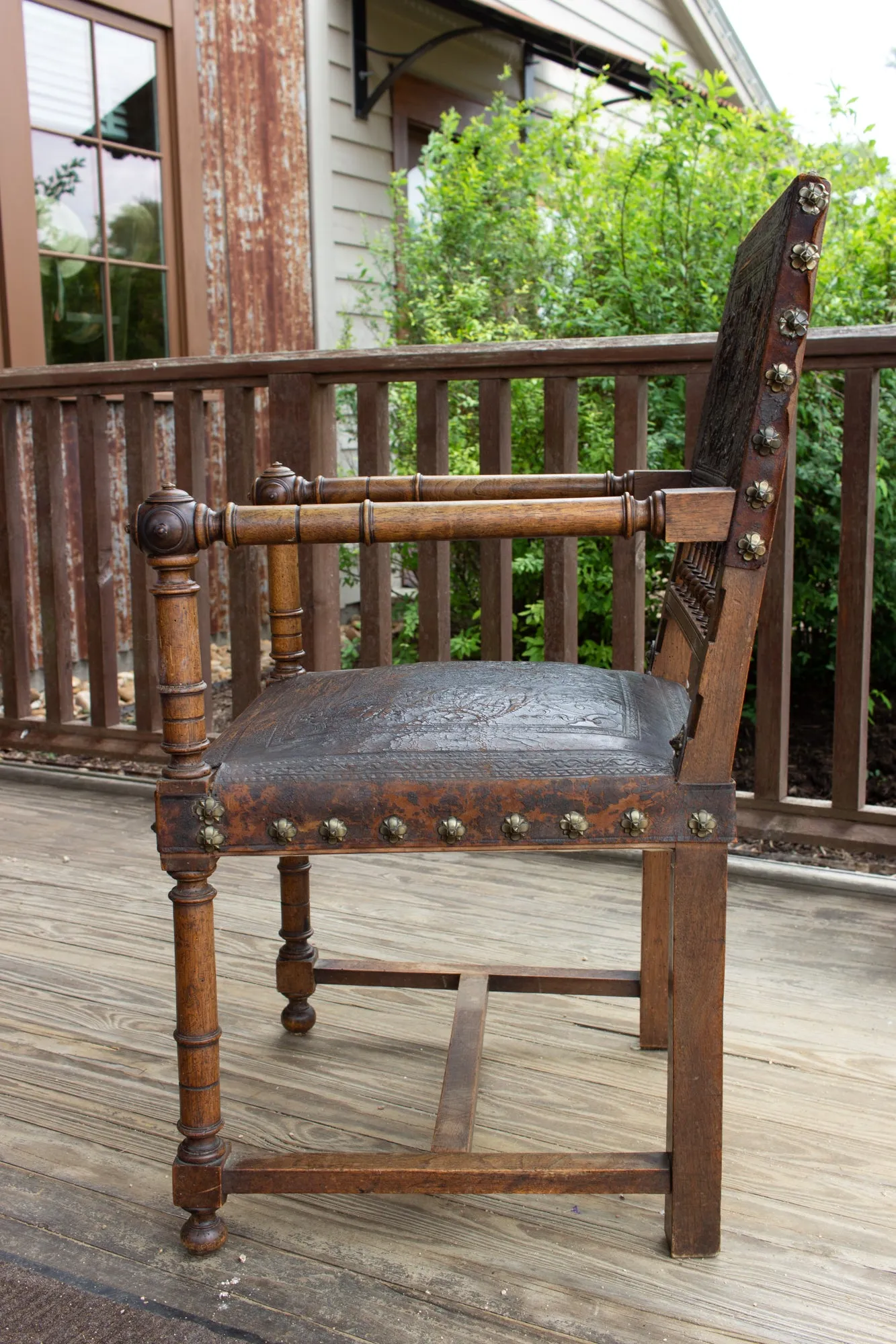 Antique Embossed Italian Leather & Wood Armchair with Studded Brass Detail