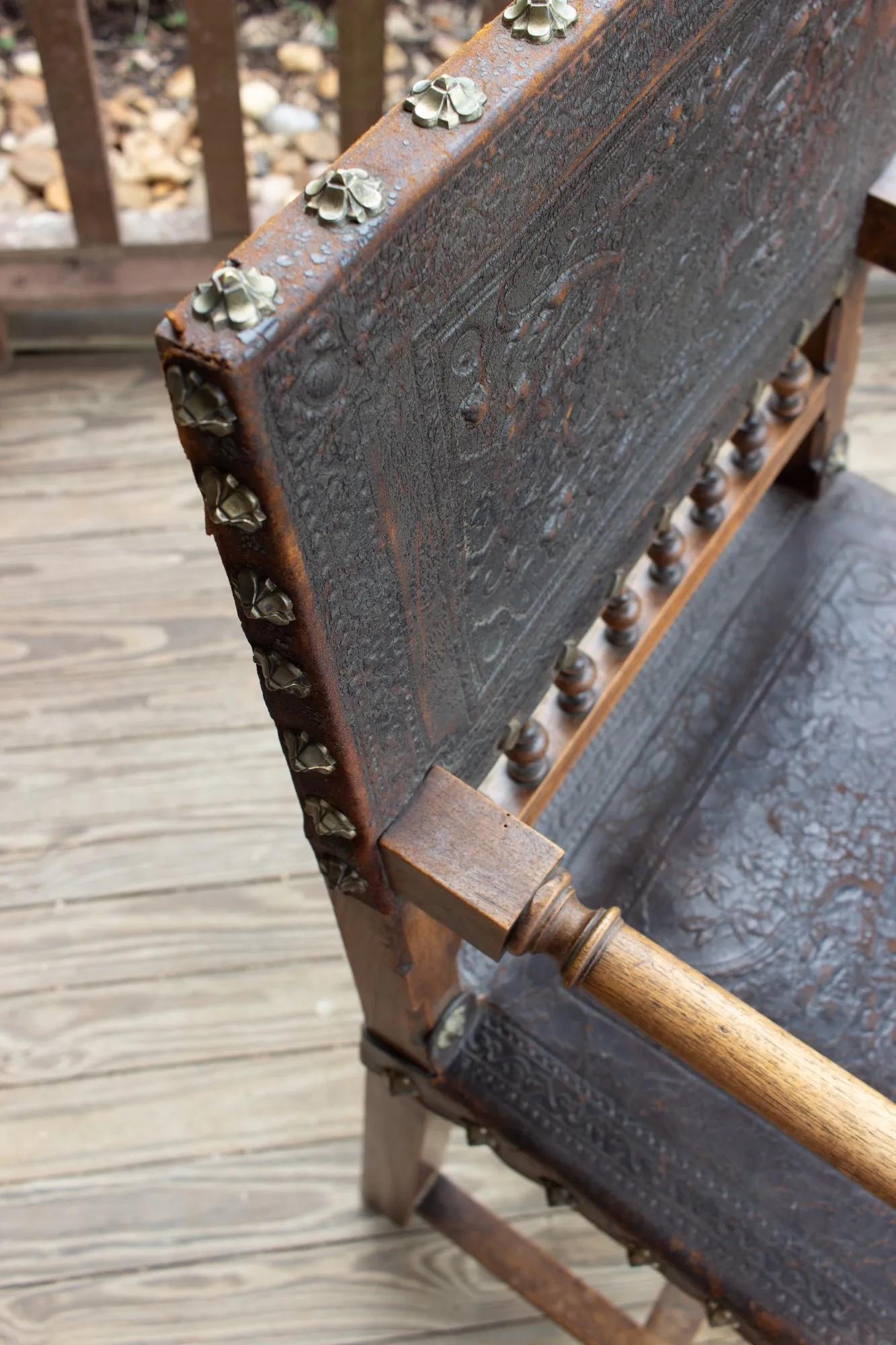 Antique Embossed Italian Leather & Wood Armchair with Studded Brass Detail