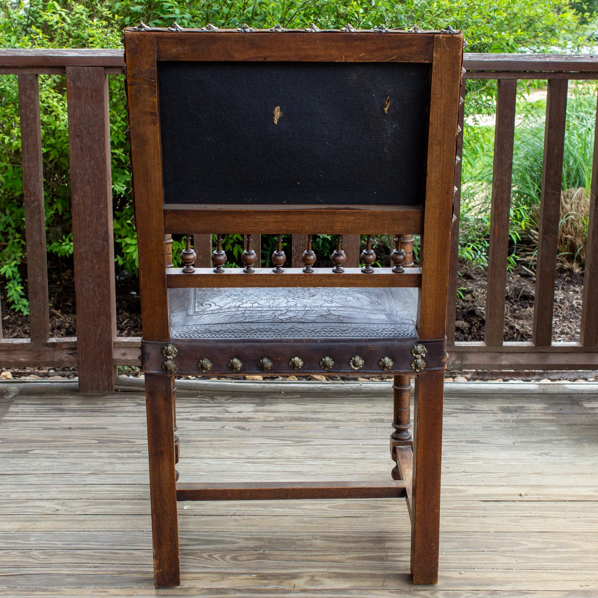 Antique Embossed Italian Leather & Wood Armchair with Studded Brass Detail