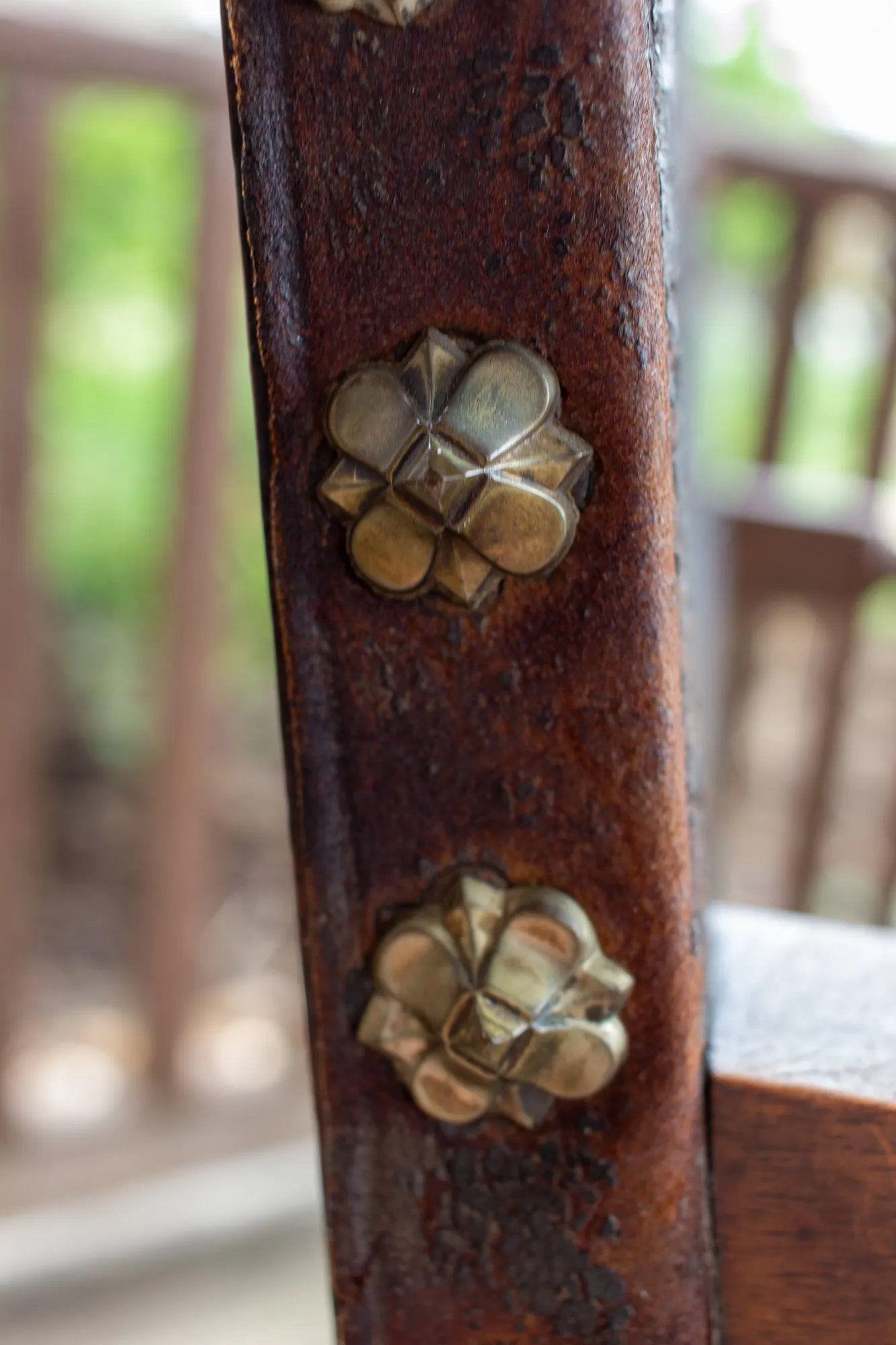 Antique Embossed Italian Leather & Wood Armchair with Studded Brass Detail